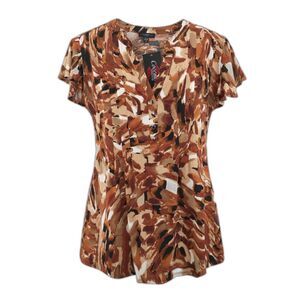 Cocomo Plus Size 2X Hues of Brown Geo Print Pintuck Flutter Short Sleeve Top